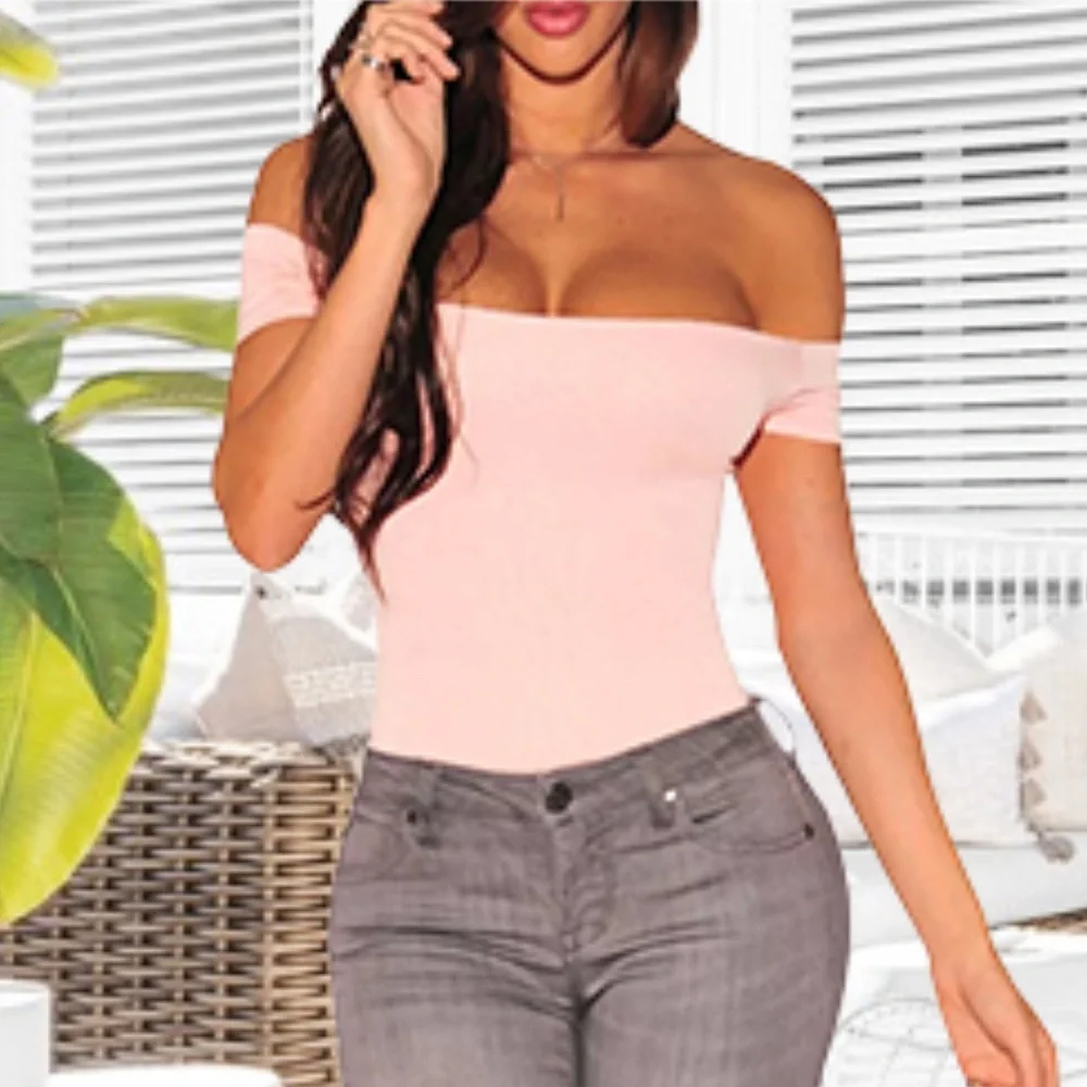 ❇️3/$30❇️ EUC Light Pink Off Shoulder Short Sleeve Stretchy Bodycon Bodysuit Top - Picture 1 of 8